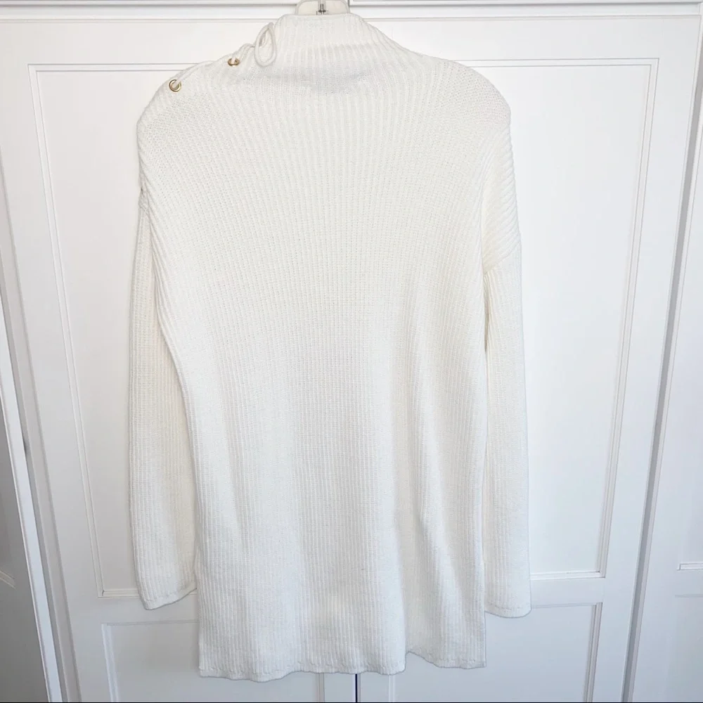 J. Crew White Ribbed Tunic Lace-up Shoulder Knit Sweater Mock Neck #L1206 Small